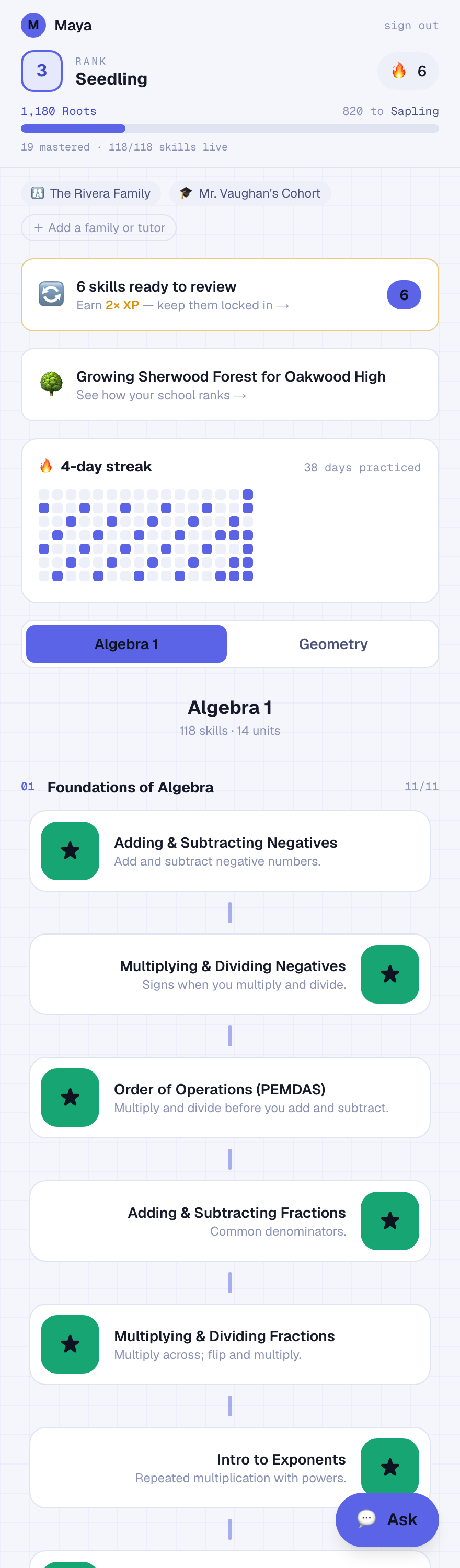 The Bija skill map showing Algebra 1 skills, the learner's rank and Roots