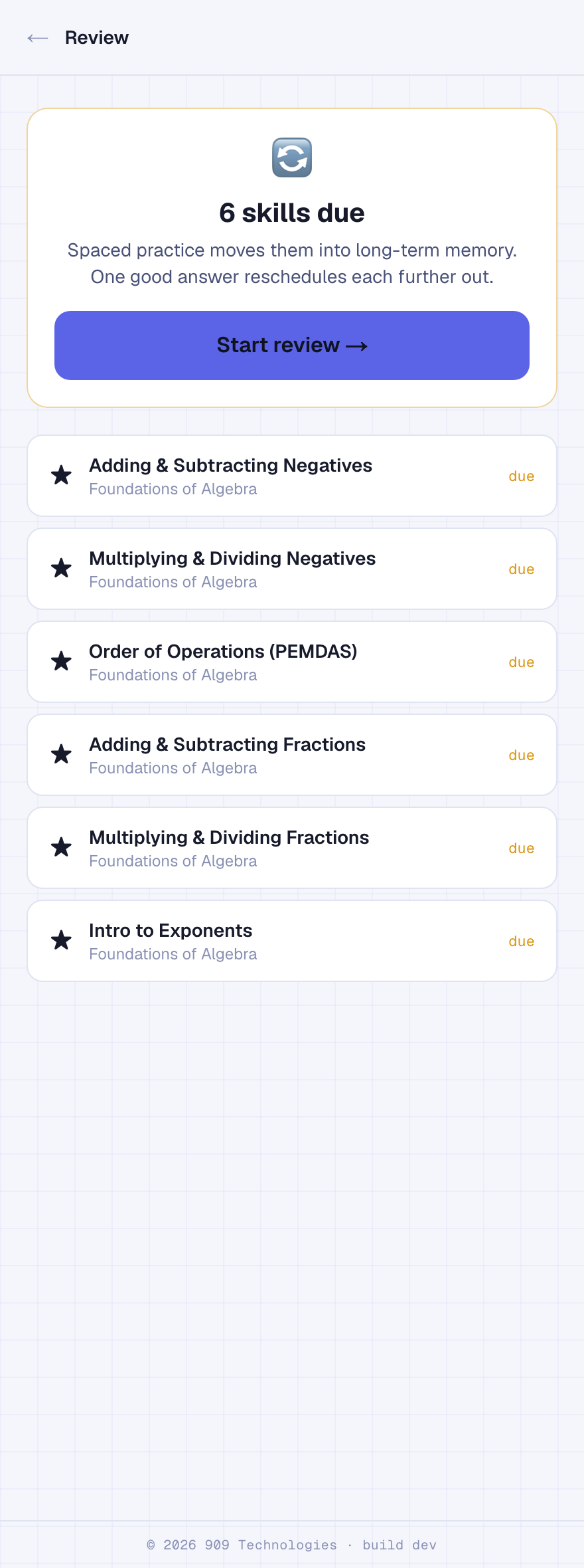 Bija's review queue showing mastered skills due for spaced practice