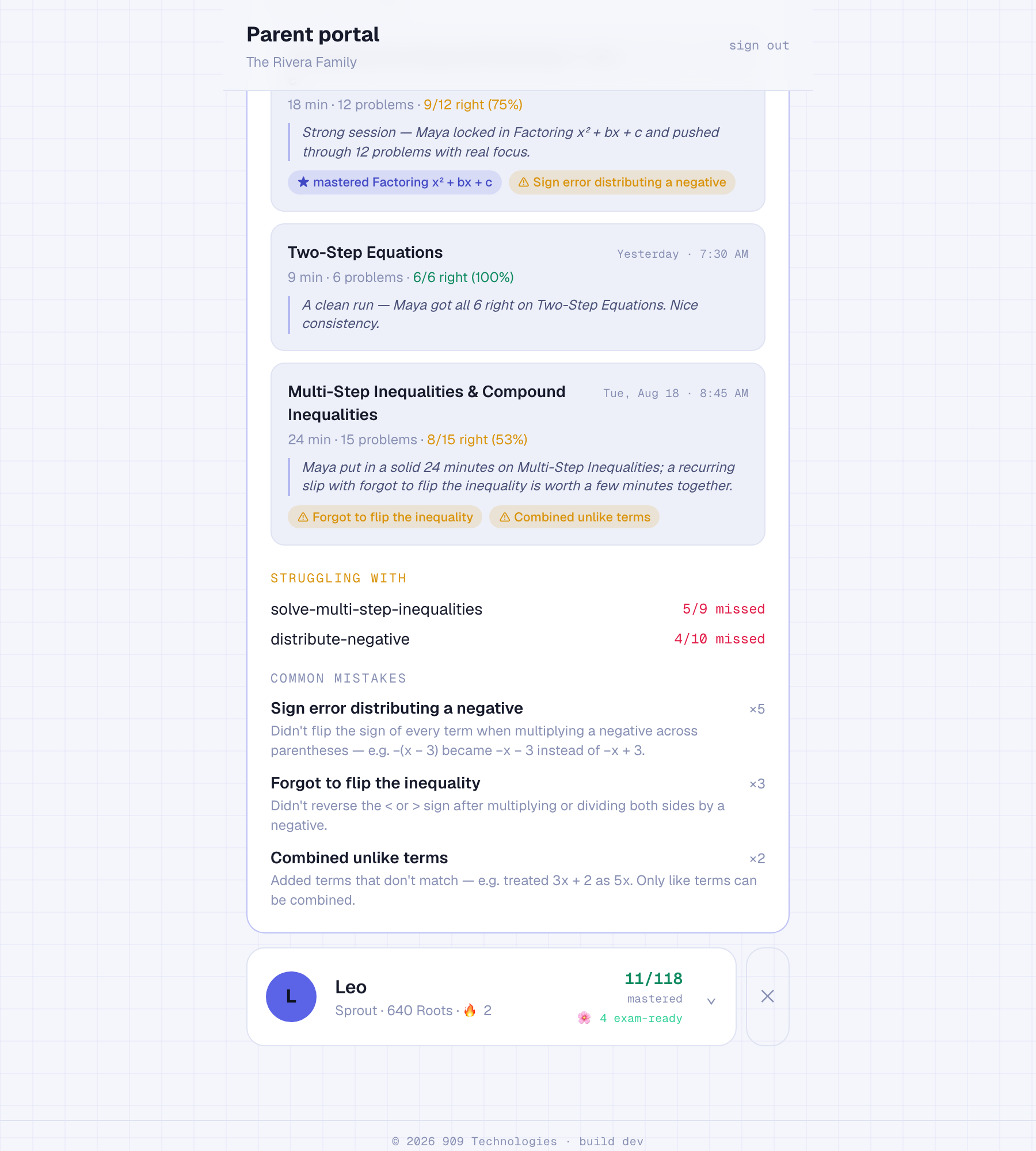 The Bija parent feed with an AI-written summary of each study session
